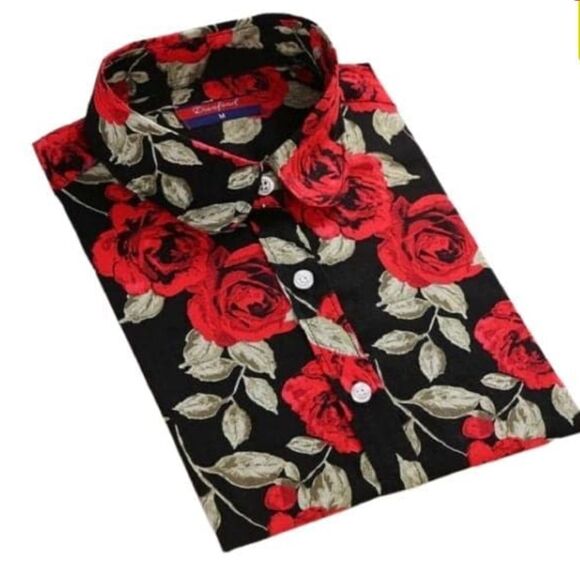 Premium quality rose floral long sleeve cotton button down shirt size S/M - Picture 2 of 11